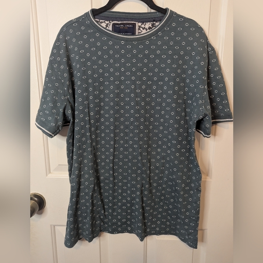 Nickel And Iron Size Large Men's Shirt Olive Green With Blue And White Design